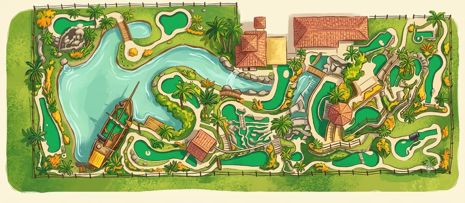 Illustrated overhead map of the Fiesta Falls course — a lagoon and pirate ship to the west, the clubhouse buildings top-center, and the elevated rock holes to the east.